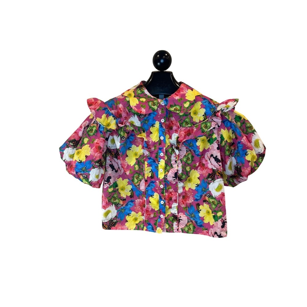 Fate Women's Floral Print Puff Sleeve Collared Button Up Blouse Top Small